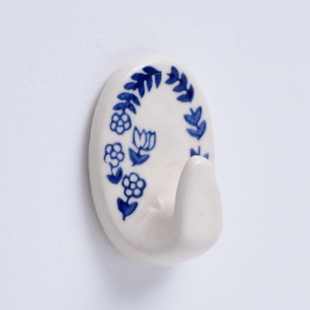 Blue Floral Ceramic No Drill Adhesive Wall Hook